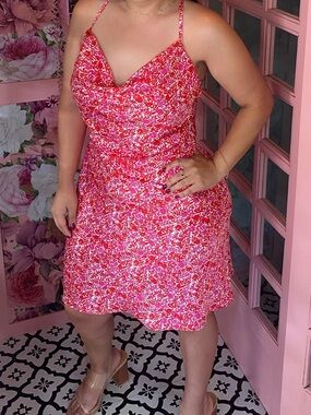 Vici Pink & White Floral Cowl Neck Midi Dress